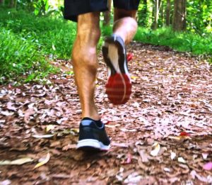 An athlete running along a path through trees